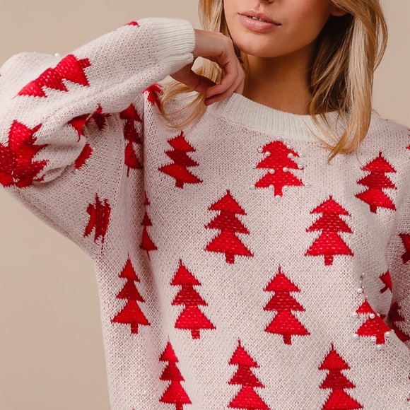 BiBi Sweaters - 🌸 BiBi “ Pearls & Pines “ Christmas Tree Holiday Sweater | Red